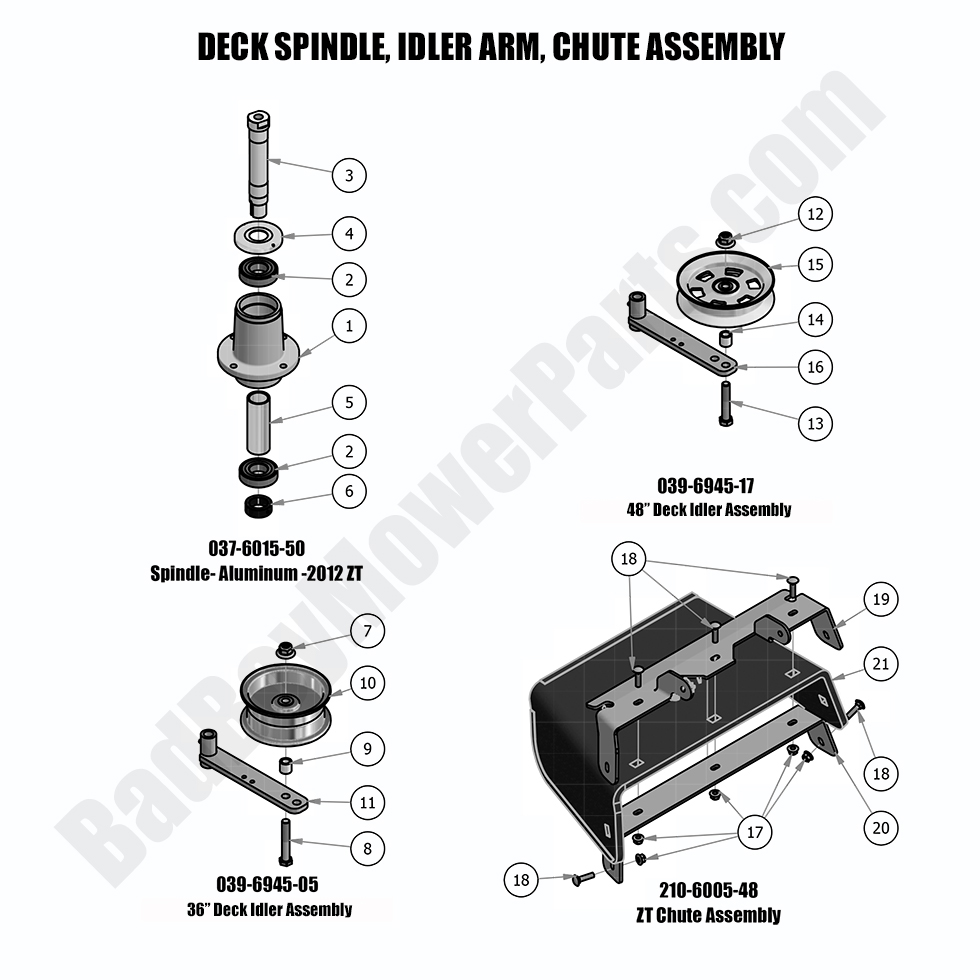 2018 Walk Behind - Spindle, Idler Arm, Chute Assembly